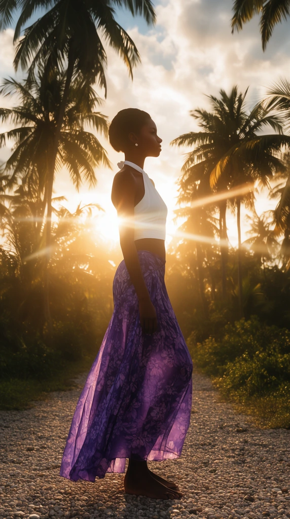 A dark-skinned woman in profile wears a white halter crop top and flowing purple floral skirt on a pebbled path. Intense golden hour backlighting creates a horizontal lens flare, silhouetting her against tall palm trees and a bright cloudy sky.