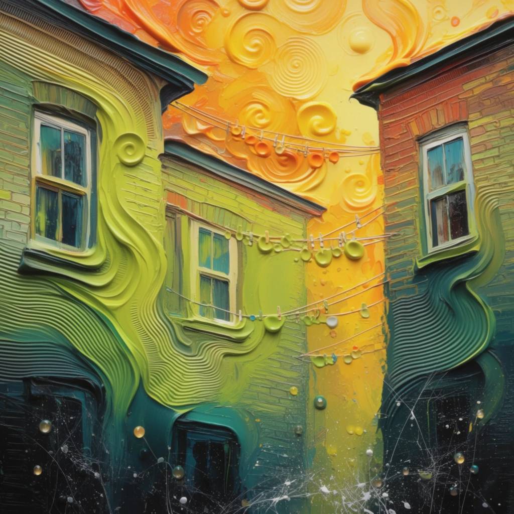 Brick buildings with windows and clotheslines strung between them are rendered in a vibrant, highly tactile impasto painting style characterized by thick, swirling ridges of paint. The architectural facades feature flowing, sculptural strokes of bright chartreuse and lime green that transition smoothly downward into deep, shadowy teal and black foundations. Deeply carved, corrugated lines stretch organically across the walls, morphing the rigid window frames and brickwork into fluid, sinuous forms. Above and behind the structures, the sky is a luminous, glowing expanse of golden yellows and fiery oranges, filled with energetic, concentric spirals and sweeping, raised curves. The clotheslines cross the space between the buildings, accented by clustered, heavily applied circular droplets of paint. Fine, comb-like grooves texture the broader color fields, while the darkest lower regions are detailed with fine white paint splatters, delicate web-like scratch marks, and scattered, glossy dimensional dots, producing an intensely radiant, energetic, and heavily layered visual composition.