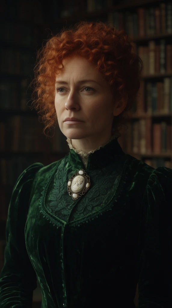 A stoic woman with curly red hair wearing a deep green velvet Victorian dress and large cameo brooch stands in a dimly lit library. Soft cinematic side lighting highlights her face against blurred bookshelves.