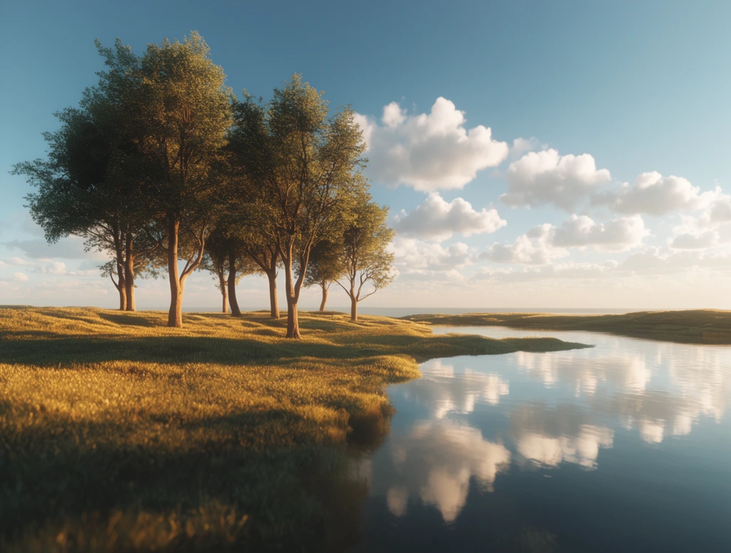 A cluster of trees stands beside a body of water under a cloudy sky. Captured from a low, wide-angle perspective, an expansive horizon sharply divides the composition. Warm, low-angle golden hour illumination floods the scene, casting stark, elongated shadows from the trees across richly textured golden-green terrain. The smooth water perfectly reflects the crisp, fluffy white cumulus clouds and the seamless gradient of the azure to pale cyan sky. Rendered in an ultra-realistic, hyper-polished digital aesthetic, the environment features cinematic volumetric lighting, pristine edge definition, and an extremely sharp foreground focus that gently softens into atmospheric depth, driven by a vivid, high-contrast palette of luminous golden hues and brilliant atmospheric blues.