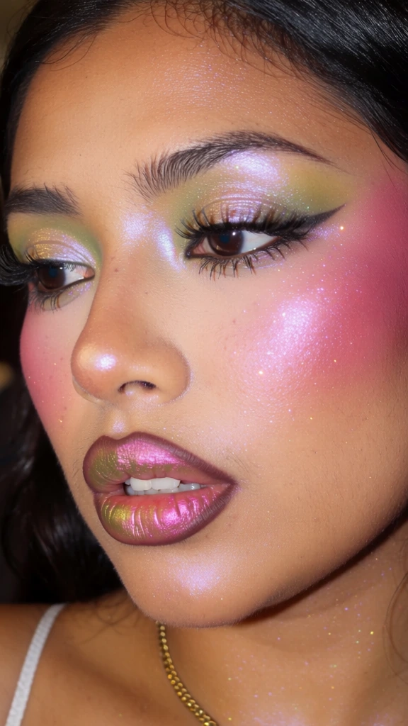 A close-up portrait captures a woman with elaborate, iridescent makeup as she gazes toward the left. Her face is angled slightly to the right, framed by dark hair along the forehead and sides. Her eyes feature shimmering shadows in shades of lime green, gold, and lavender, complemented by long, voluminous dark lashes and a black winged eyeliner. Intense pink blush is applied high on her cheekbones, extending toward her temples and containing fine, light-reflecting glitter particles. Her full lips are outlined with a dark mauve liner and filled with a metallic duochrome finish that shifts between golden-green on the upper lip and a vibrant magenta-pink on the lower lip, which is slightly parted to reveal her teeth. She has dark, groomed eyebrows and a small gold chain necklace is visible around her neck, along with a thin white strap on her left shoulder. The background is dark and out of focus, ensuring the viewer's attention remains on the detailed makeup. The lighting is direct and bright, likely from a flash, which emphasizes the reflective and crystalline textures of the cosmetics while creating a slight grainy aesthetic across the warm skin tones. The composition is an intimate macro shot that highlights the interplay of vibrant colors and shimmering finishes on the subject's face.