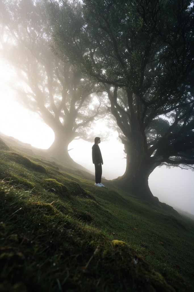 A solitary figure stands in profile on a steep grassy incline, enveloped by a dense, luminous fog. The person faces right in dark clothing and white sneakers, dwarfed by two massive, ancient trees with gnarled trunks and expansive leafy canopies. Intense, diffused light pierces the heavy mist from the upper left, casting the human and trees into stark silhouettes against the glowing white background. The foreground reveals detailed textures of damp green grass and moss clinging to the angled terrain. Captured from a low perspective, the composition emphasizes the dramatic slope and the ethereal, atmospheric mood of the misty landscape.