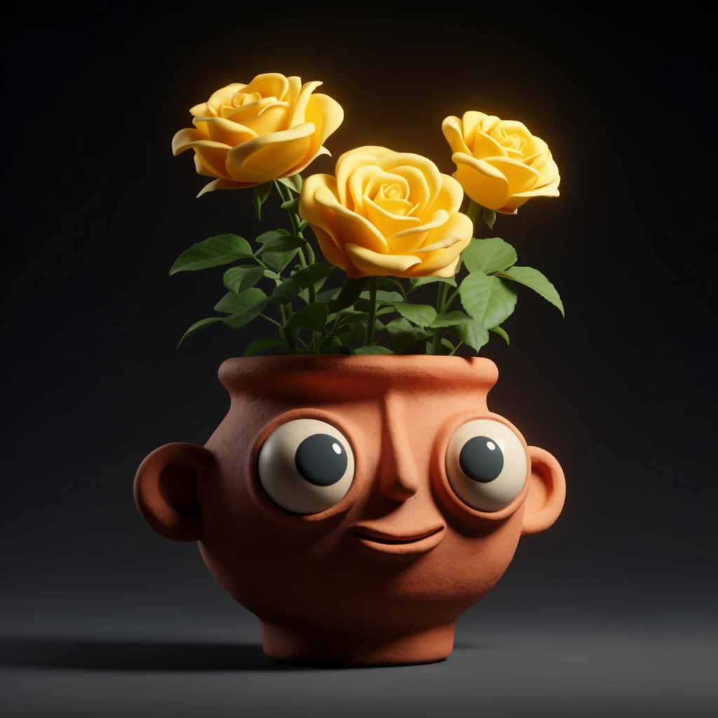 stylized 3D terracotta planter shaped like a quirky face, three blooming yellow roses on top, large round eyes, matte clay texture, dramatic overhead lighting, dark background