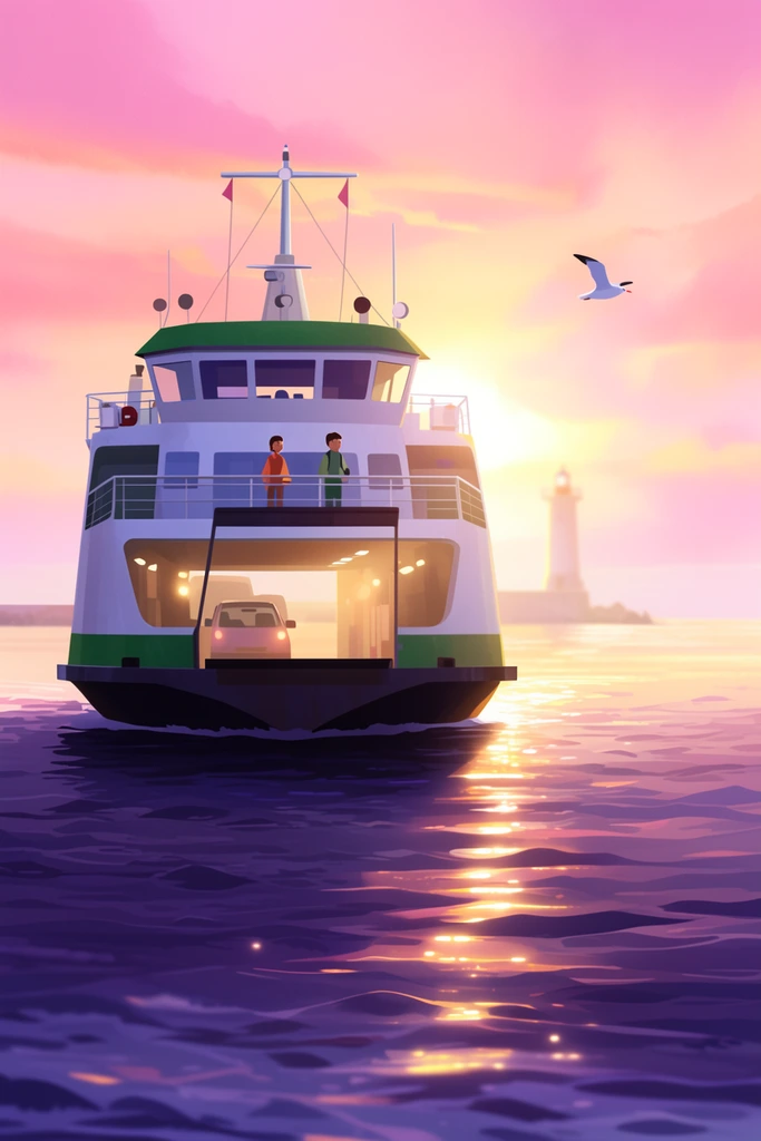 A passenger ferry glides across rippling waters under a vibrant pink and golden sunset sky. The vessel's dark hull contrasts with a white and green superstructure where two figures stand on an upper deck overlooking a softly lit lower vehicle bay. Brilliant streaks of golden sunlight reflect on deep purple foreground waves. A solitary seagull flies toward a hazy distant breakwater and lighthouse. Rendered as a serene 2D digital illustration featuring soft painterly gradients and luminous, cinematic backlighting.