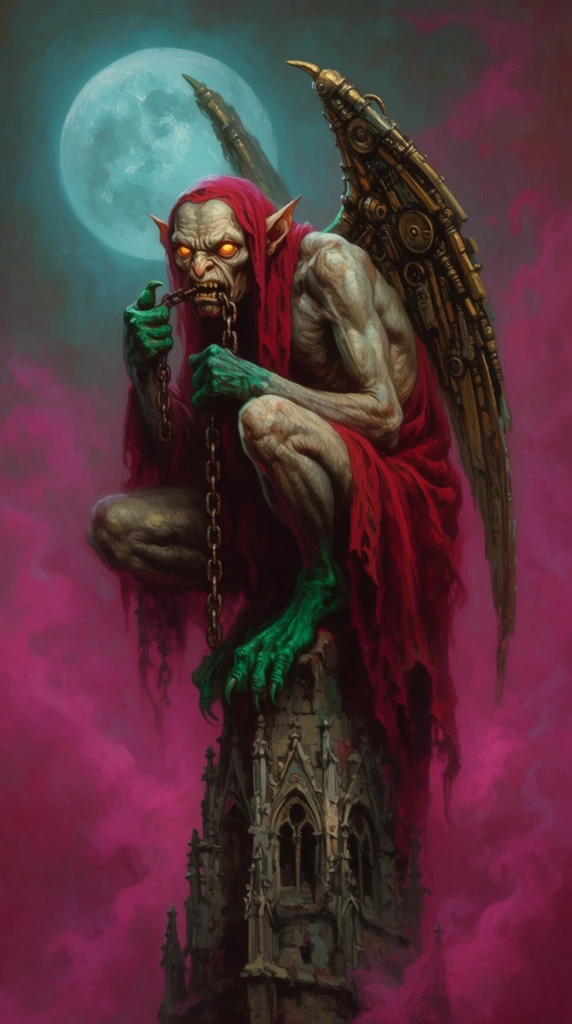 emaciated winged gargoyle with glowing amber eyes chewing a rusted chain, draped in tattered crimson robes, emerald talons, mechanical brass wings, perched on a crumbling gothic spire, swirling magenta fog, cool cyan moonlight, detailed macabre surrealism, textured oil painting
