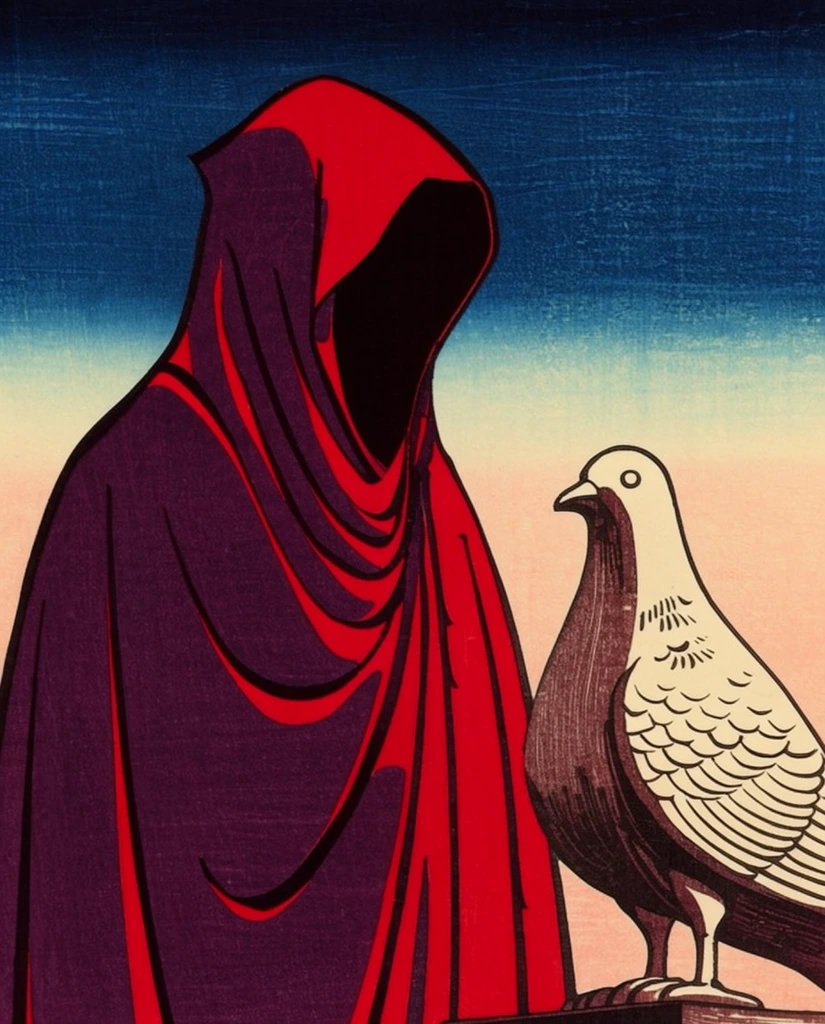 A hooded figure standing beside a dove statue, rendered in the traditional Japanese Ukiyo-e woodblock print style. The figure is draped in a flowing, deep aubergine and vibrant crimson red cloak defined by crisp, sweeping black calligraphic outlines and flat, unshaded blocks of saturated color. The interior of the hood forms a solid, deep black shape. Adjacent to the figure rests the stylized dove statue, depicted with precise, graphic black ink lines detailing its feathers over flat pale cream and dark umber tones, exhibiting subtle woodgrain textures within the printed colors. The subjects are set against a dramatic sky utilizing a classic bokashi gradient technique, transitioning from a dense, dark Prussian blue at the upper edge down to a pale peach and cream hue at the horizon. The entire composition features a flattened perspective, defined entirely by bold keyblock line art, intense jewel-toned pigments, and the distinct, tactile surface textures of pressed paper and fine horizontal woodblock rubbing marks.