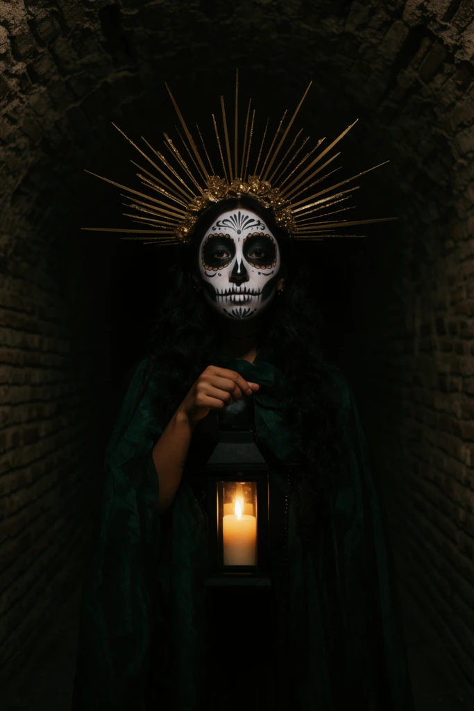 woman with white and black sugar skull face paint, golden spiked halo crown, holding a glowing candle lantern in a dark arched brick tunnel, dark green draped garment, dramatic chiaroscuro lighting, deep shadows, moody low-key photography