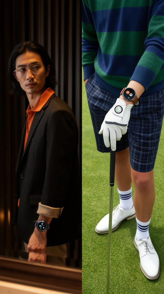A side-by-side diptych contrasting indoor and outdoor fashion, both highlighting smartwatches. On the left, a man with shoulder-length dark hair and wire glasses looks over his shoulder into a mirror. He wears a black blazer with rolled cuffs over an orange collared shirt, his left wrist displaying a dark smartwatch against a background of dark vertical slats in warm, moody lighting. The right frame presents a mid-body to feet view of a golfer standing on vibrant green turf. The person wears a green and blue striped sweater, navy plaid shorts, white striped socks, and white shoes. A white-gloved hand rests on a golf club, revealing a brown-strapped smartwatch under bright natural daylight.