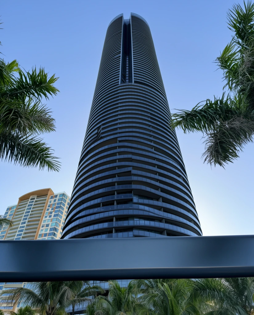 A towering cylindrical skyscraper with dark reflective glass rises against a clear gradient blue sky. The modern structure features distinct horizontal balcony bands and a deep vertical recessed channel near its peak. A massive, smooth, dark gray horizontal architectural beam spans the entire lower foreground. Lush green palm fronds lean into the frame from the left, right, and bottom edges. To the lower left, a shorter high-rise building displays a curved facade with light tan panels and blue-tinted windows. Captured from a dramatic low-angle perspective, the composition emphasizes the immense vertical scale of the central tower within a coastal city environment.