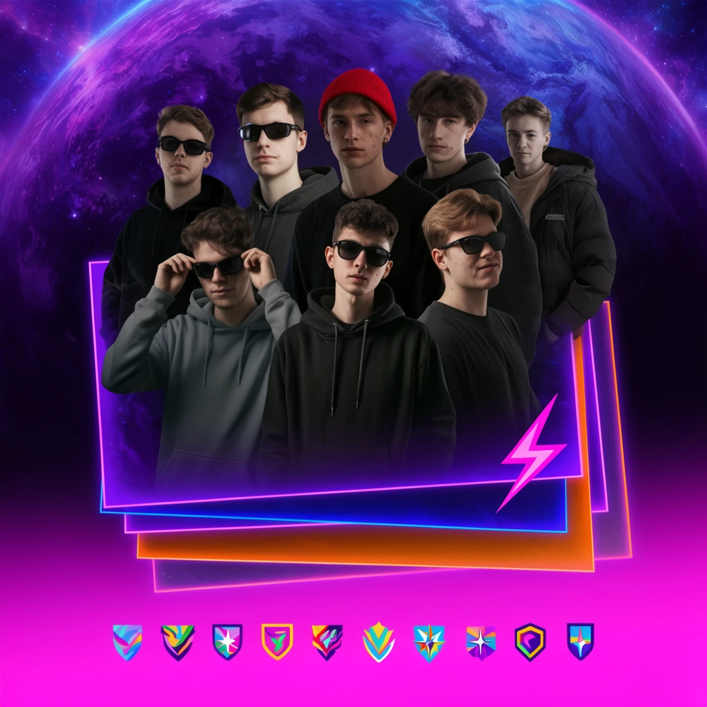 collage of seven young men in casual clothing against a vibrant purple and blue cosmic planet background, subjects wearing hoodies t-shirts a red beanie and sunglasses, layered glowing neon geometric panels below with bright purple blue and orange outlines, pink lightning bolt graphic, horizontal row of colorful abstract shield and star emblems at the bottom over a bright magenta gradient, digital esports aesthetic, high contrast