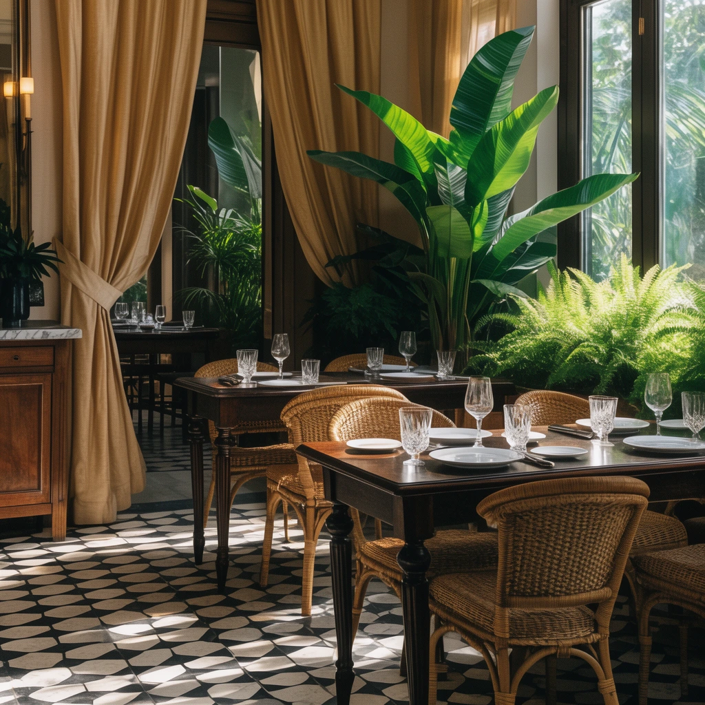 Elegant sunlit restaurant dining room blending classic furnishings with lush tropical plants. Dark wood tables set with white plates and crystal glasses pair with woven wicker chairs on a black-and-white geometric tiled floor. Golden-beige drapes frame a doorway beside a marble-topped cabinet. Dramatic afternoon sunlight streams through right-side windows, casting long shadows across vibrant green ferns, a towering potted bird of paradise, and sparkling tableware.