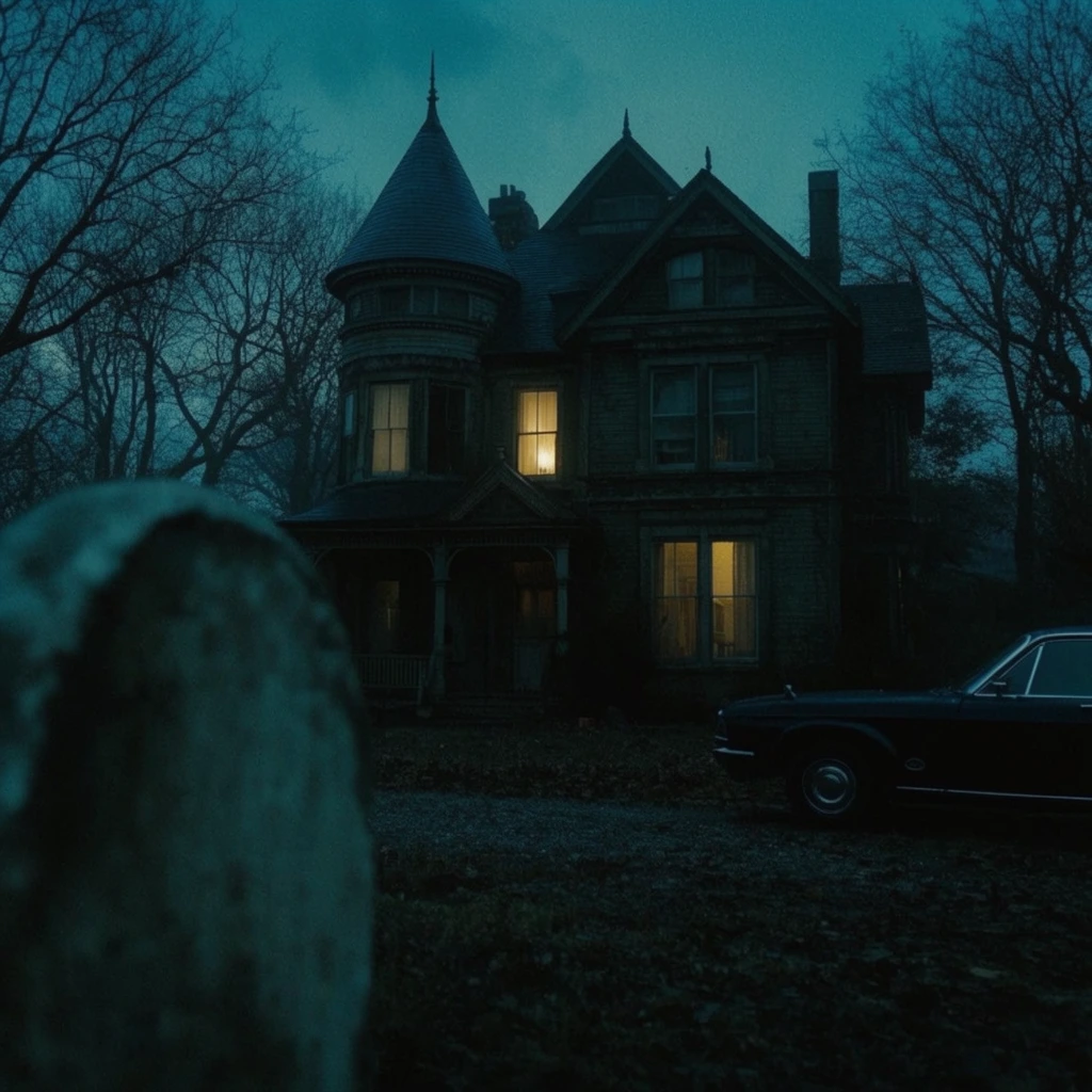 A cinematic twilight shot of a Victorian house with a turret, bathed in moody cyan tones. Warm yellow light glows from two windows, contrasting with the dark, bare winter trees surrounding the property. A heavily blurred, rounded stone marker dominates the extreme left foreground. A dark vintage car sits parked on the right. Deep shadows and low lighting create an eerie, atmospheric environment.