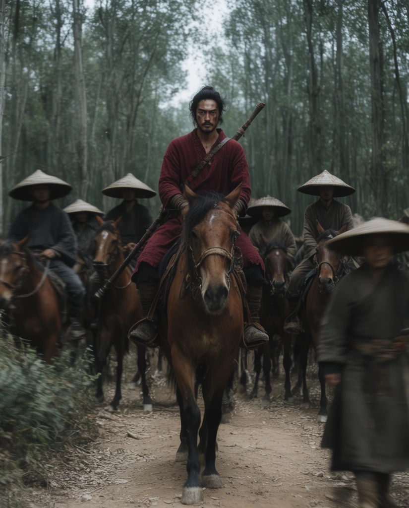 central warrior riding a brown horse on a dirt path, wearing a dark red tunic with a staff on his back, surrounded by horseback riders and figures in wide-brimmed conical hats, dense forest of tall slender trees, cinematic wide shot, natural overcast lighting, muted earthy tones, slight motion blur