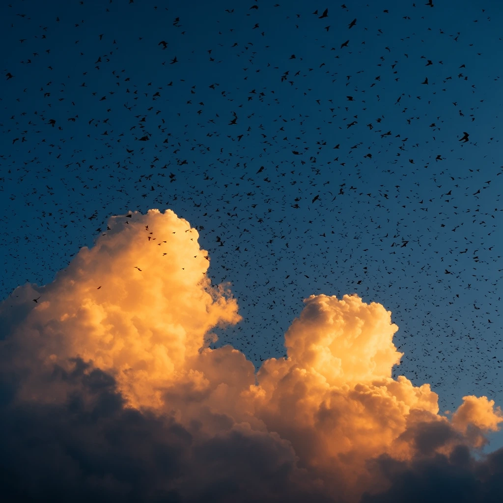 Countless tiny black bird silhouettes scatter dynamically across a deep blue sky, swarming above towering cumulus clouds fiercely illuminated by warm golden-orange sunlight in a high-contrast scene.