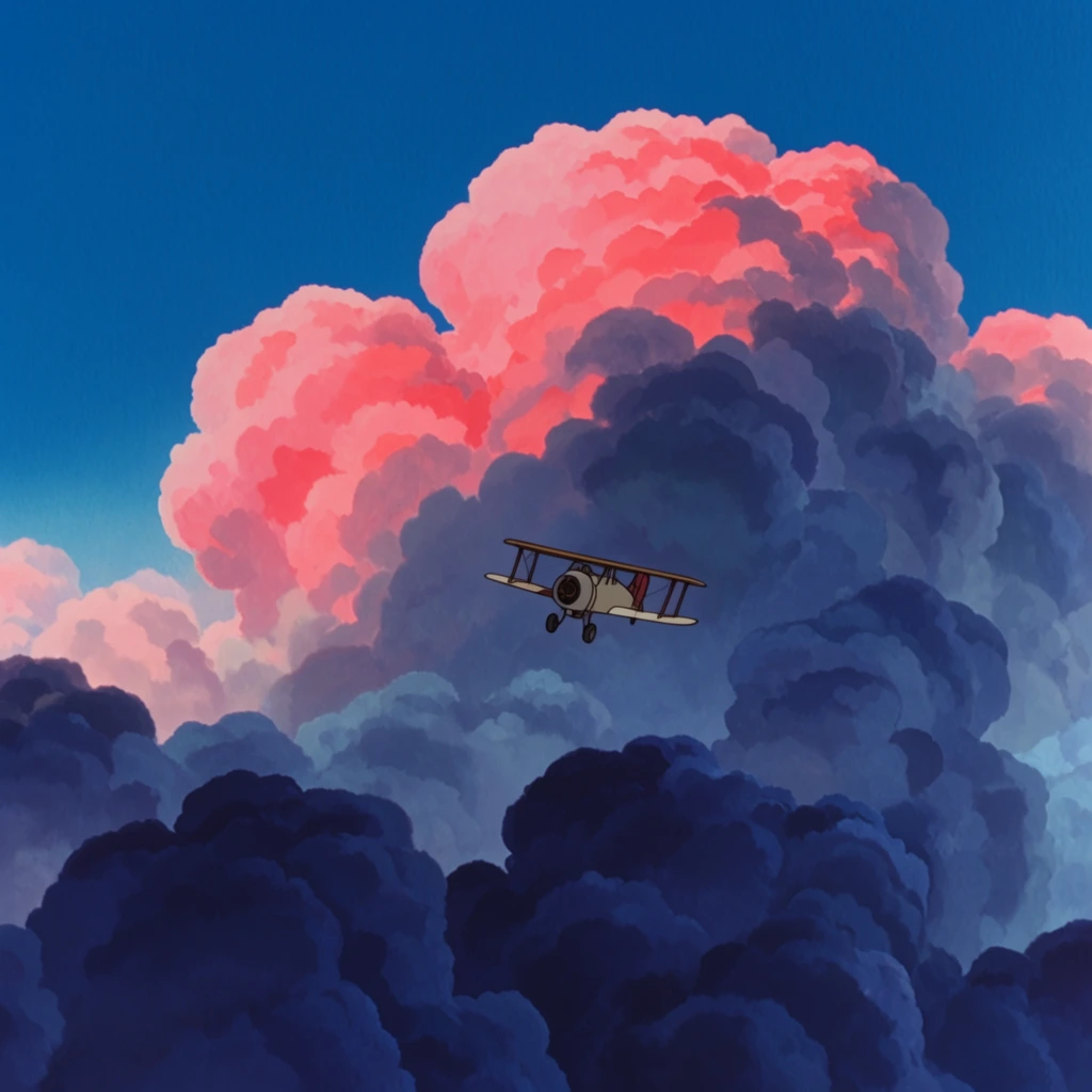 A tiny vintage biplane soars through a vast expanse of towering, voluminous clouds. The colossal formations feature deep indigo undersides transitioning into bright coral-pink crests illuminated by soft light against a vivid azure sky, emphasizing immense scale in a classic 2D animation style.