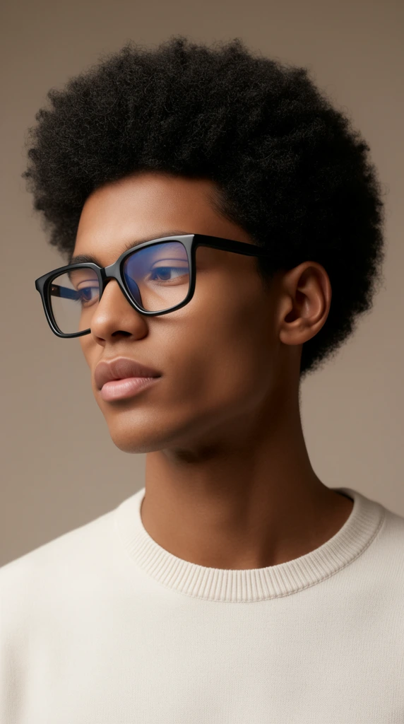 A close-up studio portrait of a young man with medium-dark skin and a voluminous, textured afro looking downward and to the left. He wears thick black square-framed eyeglasses catching a subtle blue reflection on the lenses. His features include a defined jawline, prominent cheekbones, full lips, and a long neck. He is dressed in a minimalist off-white cream sweater with a ribbed crew-neck collar. Soft, diffused directional lighting illuminates the left side of his face, casting gentle, smooth shadows across the right side and neck. The background is a solid, seamless warm taupe, creating a pristine, modern composition with a refined palette of neutral earth tones.