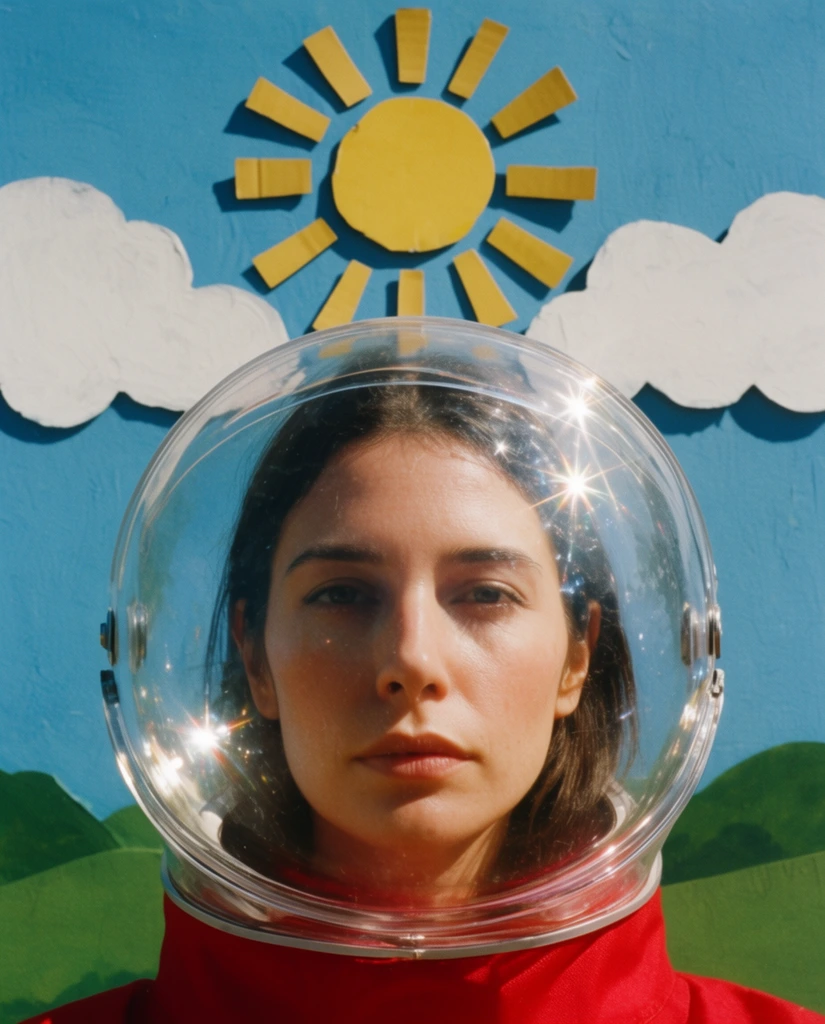 A close-up portrait of a woman wearing a transparent space helmet, positioned perfectly centered in a flat, symmetrical composition. Hard, direct sunlight strikes the curved glass of the helmet, generating intense, star-shaped specular highlights and brilliant reflections across the transparent surface. She wears a highly saturated cadmium red collar visible beneath the base of the helmet. Behind her is a two-dimensional painted backdrop resembling a flat theatrical diorama set. The artificial background consists of a matte, vibrant sky-blue surface, flat painted white puffy clouds, and a stylized yellow cardboard cutout sun with distinctly separated rectangular rays. The bottom edge of the background displays flat, painted green rolling hills. The rendering captures the exact visual texture of medium format analog film photography, exhibiting distinct film grain, rich primary color saturation, and high-contrast lighting with sharp, stark shadows cast directly onto the flat painted backdrop.