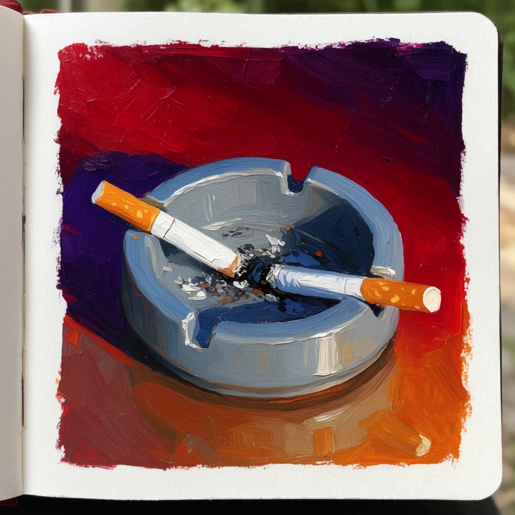 A textured painting in a sketchbook showing a grayish-blue ashtray with two cigarette butts. Thick impasto brushstrokes form a vibrant backdrop of deep red, dark purple, and warm orange-brown against the white paper border.