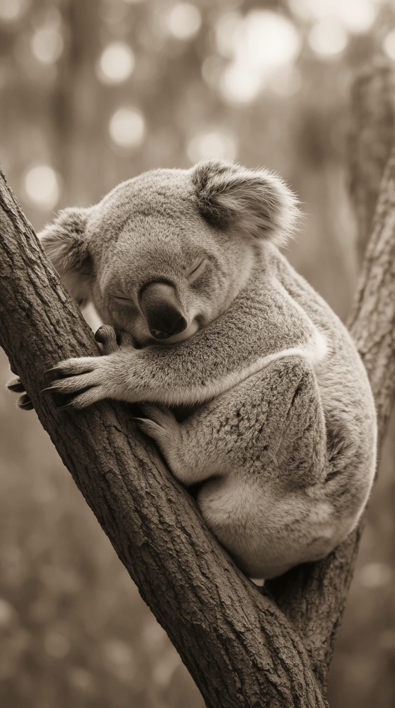 sleeping koala nestled in the crook of a thick, diagonal tree branch, sepia-toned monochromatic photograph, fuzzy rounded ears, dark prominent nose, tightly closed eyes, thick textured fur, sharp claws gently gripping the rough bark, curved spine conforming to the branch shape, out-of-focus background with soft circular bokeh highlights hinting at a dappled forest canopy, shallow depth of field, natural soft lighting, serene and peaceful atmosphere, close-up composition, highly detailed texture in the fur and wood bark