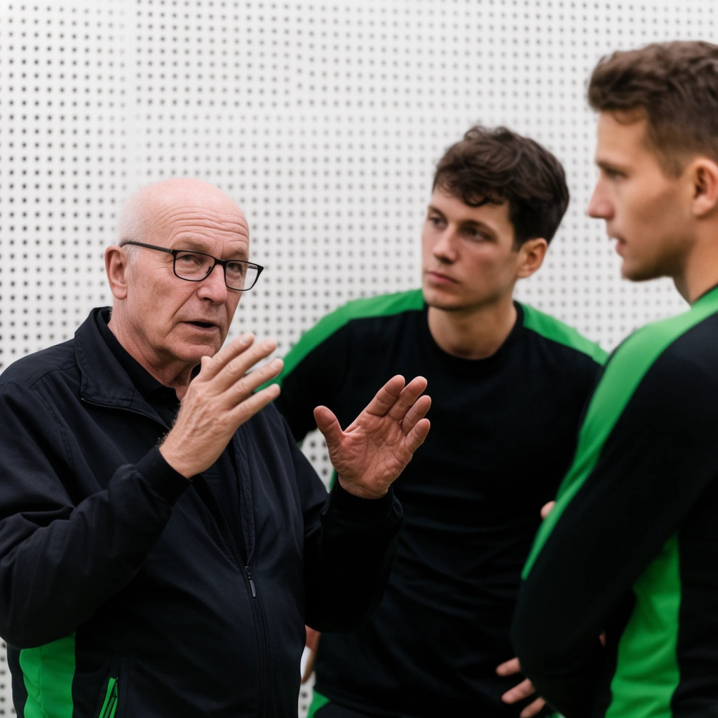older bald man in glasses gesturing with hands, two younger men listening intently in black shirts with green accents, white perforated wall, shallow depth of field, candid photography