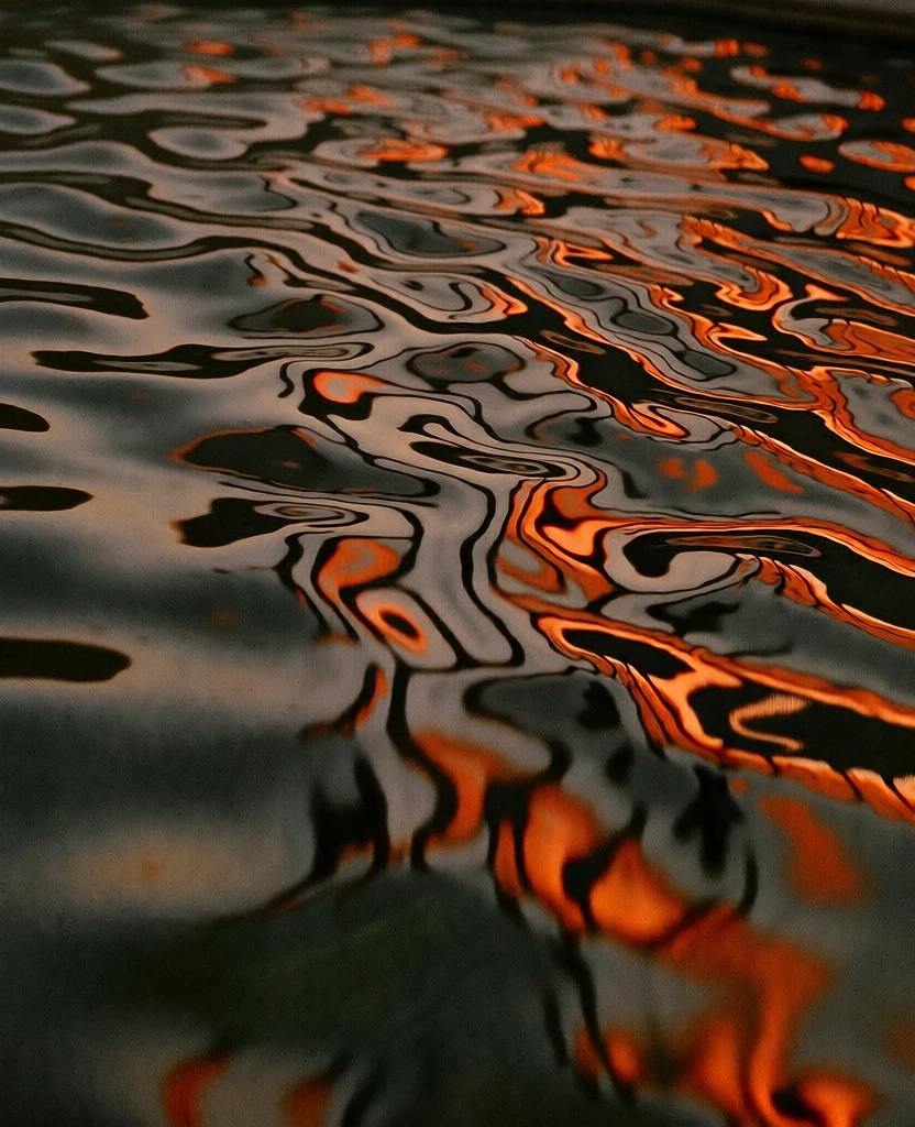 a chaotic scene of hybrid creatures thrashing around a pool, depicted through visceral fluid distortion and undulating liquid warping, high-contrast chiaroscuro with molten copper and burnt orange highlights vibrating against tenebrous obsidian shadows, viscous water textures with heavy 35mm film grain, kinetic abstract silhouettes reflected in a dark basin, anamorphic bokeh, soft-focus organic shapes, a moody twilight atmosphere, rich saturated blacks, chromatic aberration, analog look.