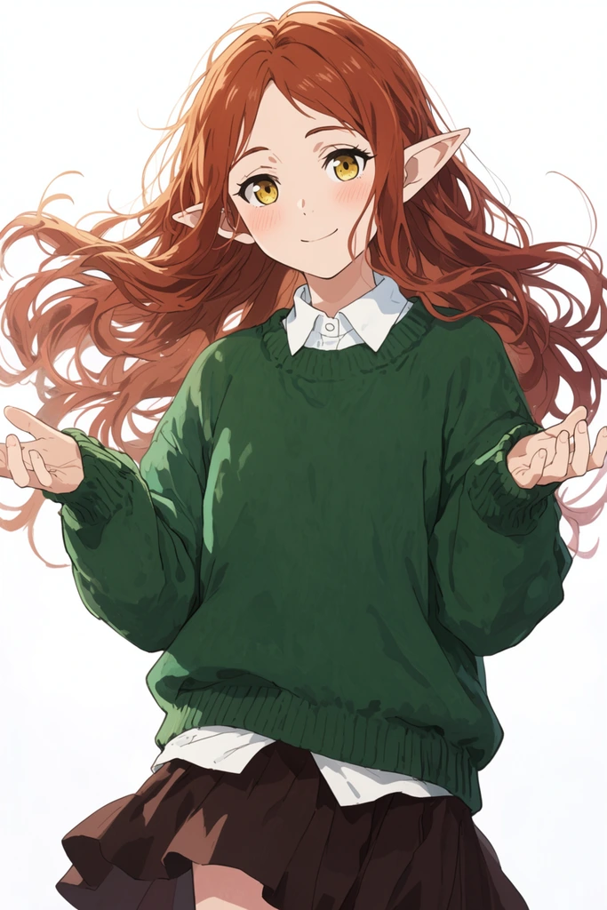 A young half-elf anime girl with pointed ears, long wavy auburn hair blowing wildly, and striking golden-yellow eyes. She offers a gentle, curious smile with a soft blush, her arms partially raised with open palms facing upward. She wears an oversized forest-green knitted sweater over a white collared shirt and a dark brown pleated skirt. Set against a pure white background, the artwork features traditional 2D cel-shaded animation with crisp linework, soft lighting, and delicate shading on the clothing folds, capturing an ethereal, airy atmosphere.