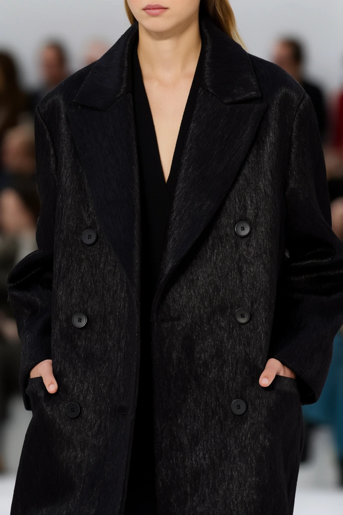 close-up torso shot of a runway model wearing a black textured double-breasted coat, subtle fabric sheen resembling short hair, wide lapels, dark round buttons, hands in pockets, v-neck black top underneath, sharp focus on rich fabric textures, lower face visible, bright even lighting, blurred background of a seated audience, shallow depth of field, high-end fashion photography