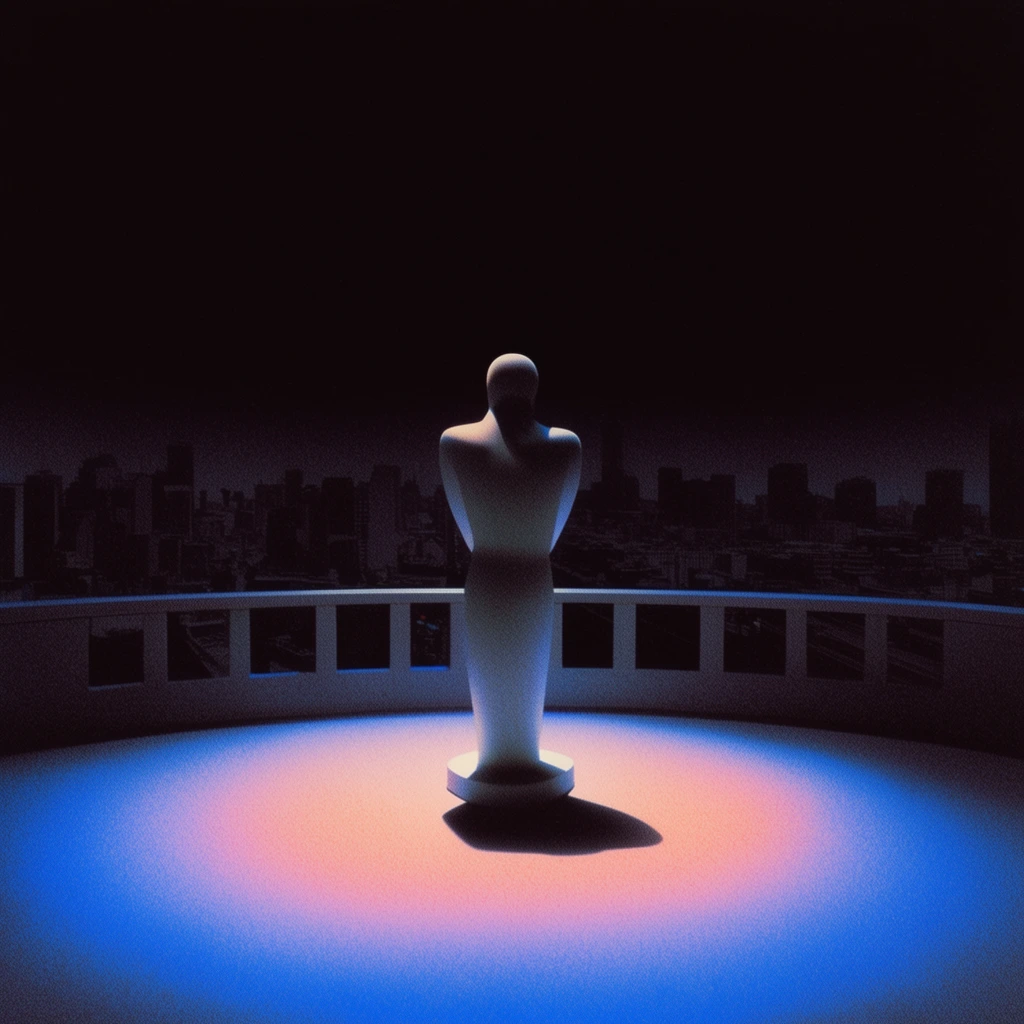 A prominent sculpture stands on a balcony facing a sprawling city skyline, rendered in a highly stylized, heavily grained airbrush aesthetic with dramatic theatrical lighting. The centralized sculpture occupies the foreground, casting a sharp, dense drop shadow onto the balcony floor. The upper half of the frame is consumed by a vast, inky pitch-black void that plunges the background city into deep, monolithic silhouettes. A singular, intense spotlight illuminates the immediate area around the sculpture, creating an isolated pool of light on the ground. This illuminated patch features a vivid, luminous color gradient, radiating a warm peachy-pink at its bright center before bleeding outward into a striking, electric neon blue. A pronounced, stippled noise texture pervades the entire composition, enhancing the extreme high-contrast, minimalist, and moody retro-surrealist atmosphere.