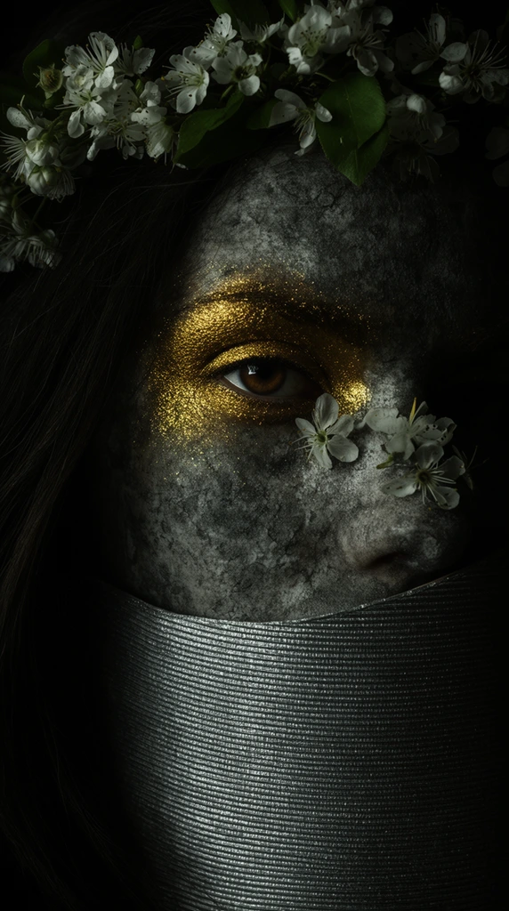 A dark surreal portrait of a figure with mottled, stone-like grey skin emerging from pitch-black shadows. The lower face is concealed by a stiff, silvery-grey metallic collar with fine horizontal ribbing. One striking brown eye stares forward, dramatically framed by thick, shimmering gold powder makeup. Dark hair frames the face, adorned with a wreath of small white blossoms and green leaves. Petals rest delicately near the nose. Moody, low-key lighting creates a stark chiaroscuro effect, emphasizing the contrasting textures of the metallic fabric, golden glitter, organic flora, and coarse, heavily textured skin.