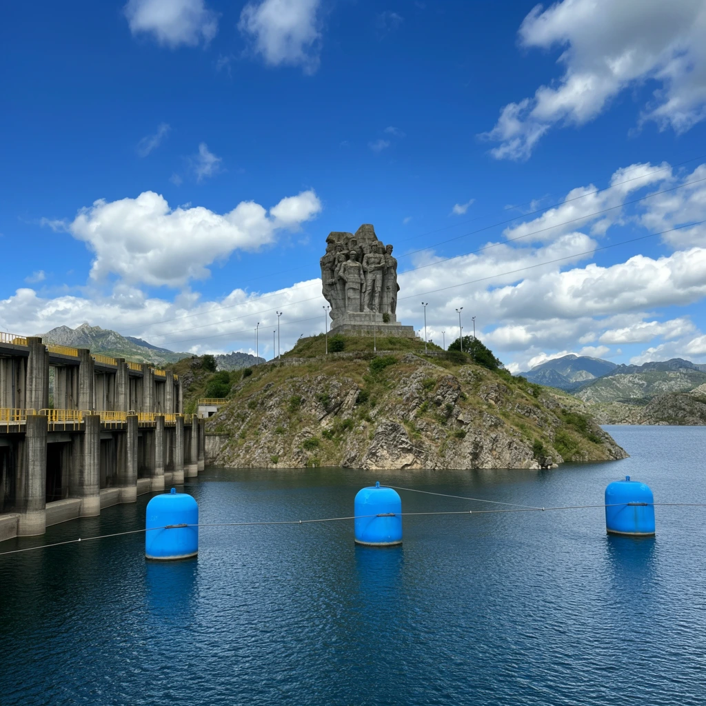Wide-angle landscape photograph of a concrete dam and hilltop monument overlooking a deep blue reservoir. In the foreground, three bright blue cylindrical buoys float on rippling water, connected by thin horizontal cables. To the left, a massive dam structure features vertical pillars and yellow safety railings. In the center, a rocky, partially vegetated hill rises from the water, crowned by a colossal, weathered grey stone monument depicting a group of standing figures. Slender light poles encircle the monument's base. Thin power lines stretch across a vibrant blue sky filled with fluffy white cumulus clouds, framing distant rugged mountains in the background. The scene features deep depth of field and vivid natural daylight.