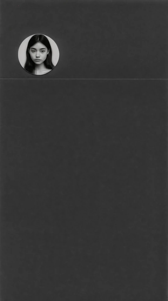 small circular black and white portrait of a young woman with dark hair, positioned in the upper left, flat dark charcoal gray background, immense negative space, thin faint horizontal line spanning the width just below the portrait, minimalist monochromatic composition, stark contrast