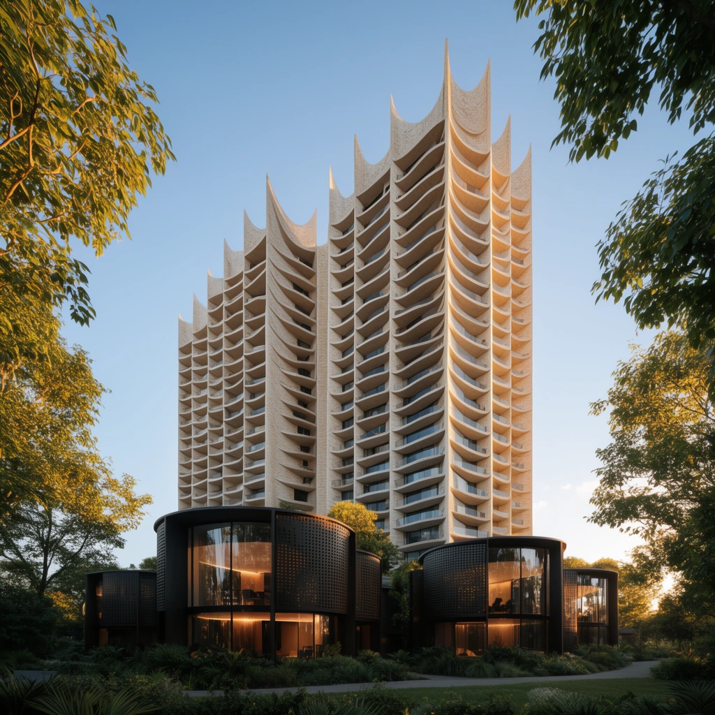 A modern high-rise features a sweeping light-toned masonry facade with scalloped balconies and sharply pointed rooflines. The dual towers rise from a lush landscaped base containing dark cylindrical pavilions with perforated screens and curved glass walls revealing illuminated interiors. Golden hour sunlight casts warm highlights across the textured architecture against a clear blue sky, framed by leafy green trees in a low-angle perspective.