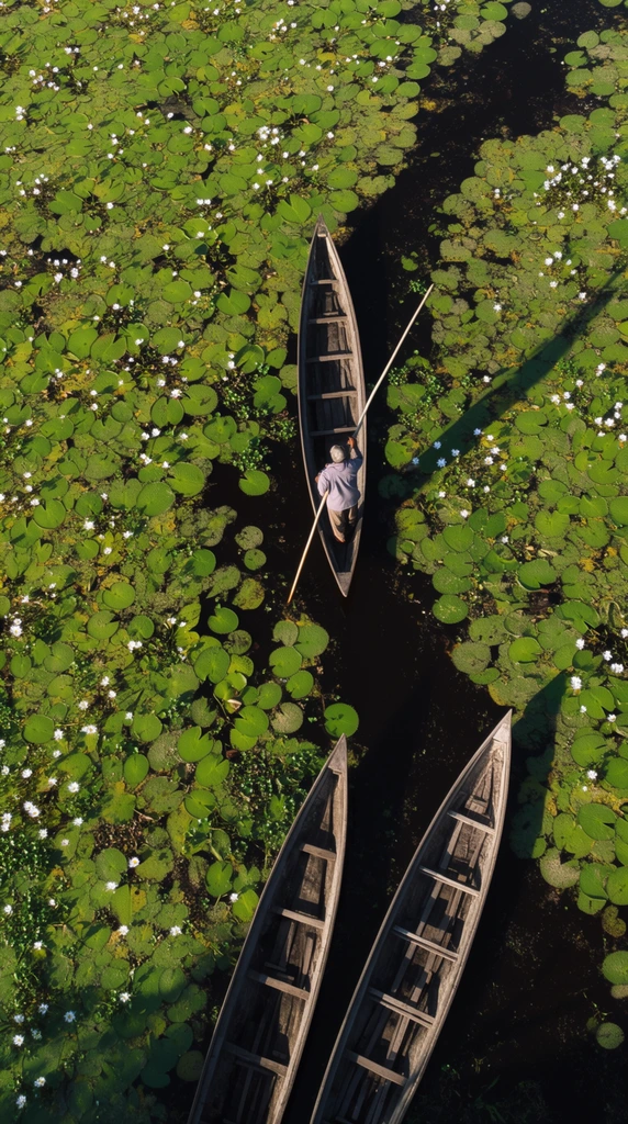 aerial view of a dark lake densely covered with green lily pads and white aquatic flowers, a person standing in a slender wooden boat holding a long pole, two empty narrow boats resting parallel in the lower foreground, long dark shadows stretching across the vibrant green vegetation, bright natural sunlight, highly textured floating foliage, documentary photography, rich contrast between deep water and bright plants