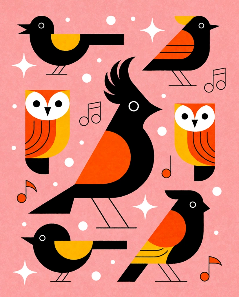 stylized mid-century modern illustration of eight diverse birds, flat geometric shapes, solid black silhouettes with bright orange and yellow color blocks, large central crested bird, stylized orange and white owls, textured pink background scattered with white four-point stars, circular dots, thin outlined musical symbols, retro minimalist graphic art, clean linework