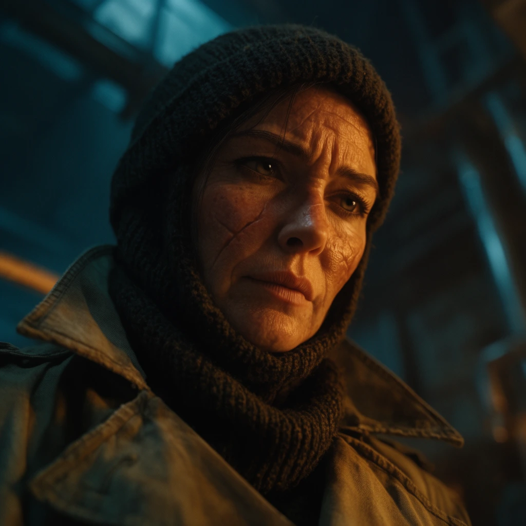rugged older woman with facial scars, dark rolled-up wool balaclava, canvas trench coat, intense downward gaze, extreme close-up, low angle, cinematic dual lighting, warm amber illumination on face, deep cyan background shadows, blurred industrial setting, shallow depth of field