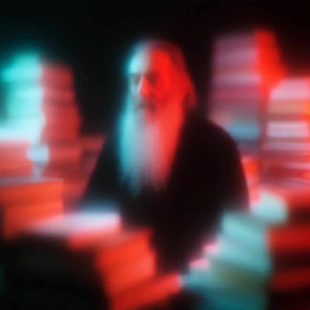 An older man with a long beard surrounded by tall stacks of books, rendered in an extremely defocused, highly blurred abstract aesthetic. Heavy, pitch-black shadows envelop the composition, pierced by intensely luminous, blooming neon cyan and brilliant crimson-red light. The heavily diffused lighting bleeds across the man's long beard and face, reducing his features to smooth, glowing color gradients and a soft silhouette. The surrounding stacks of books appear as towering, completely out-of-focus pillars of vibrant, diffused light melting into the dark environment. The extreme lens blur creates a purely optical, ethereal atmosphere characterized by entirely soft transitions, massive light bloom, and dramatic, highly saturated split-tone color separation.