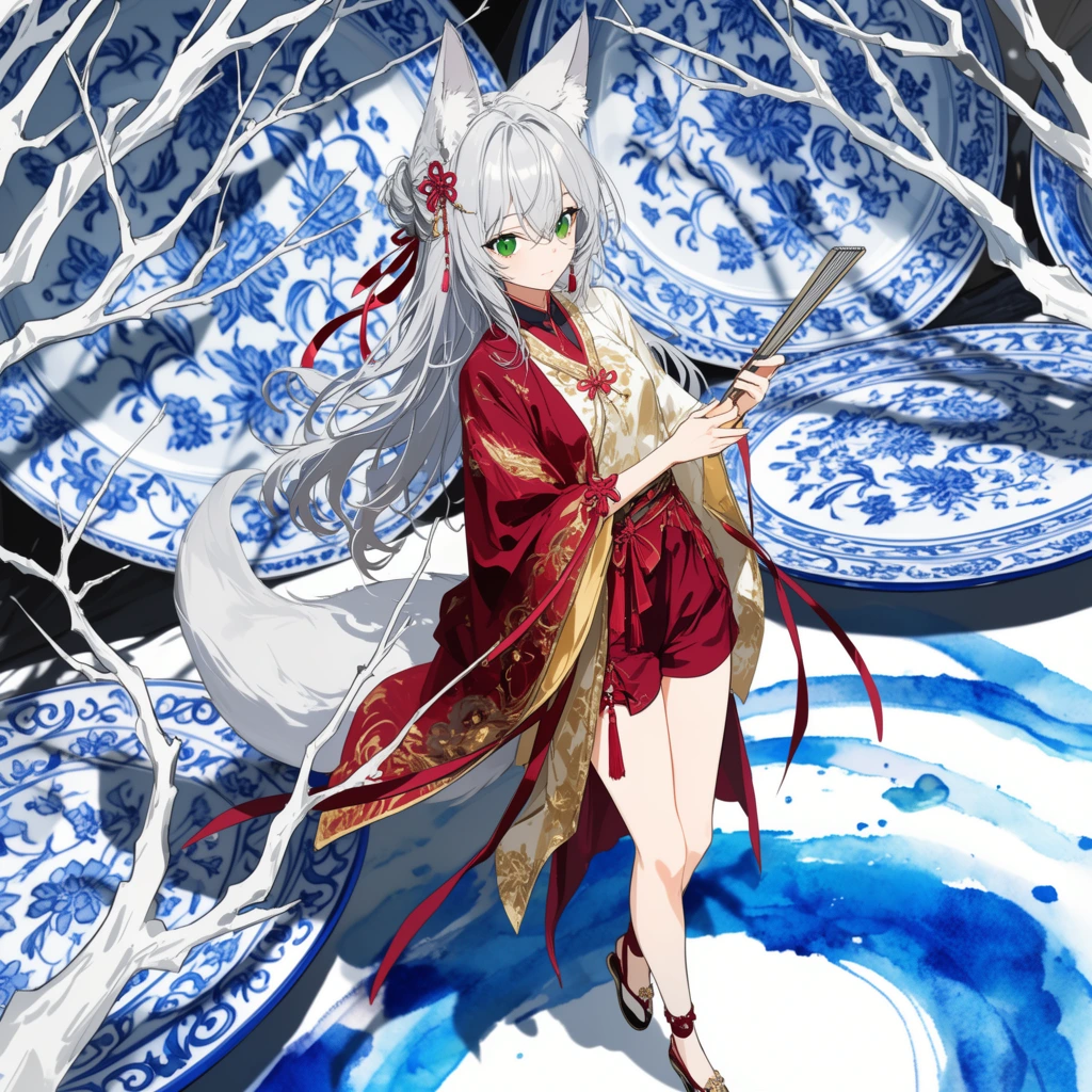 An anime-style fox-girl with flowing silver hair, emerald green eyes, and fluffy white fox ears stands amidst a surreal landscape of giant blue and white porcelain plates. She wears an asymmetrical crimson and gold hanfu paired with crimson shorts and silk ribbons, holding a slender metallic folding fan. A thick white fox tail sweeps behind her. The white ground is decorated with swirling paths of vibrant blue watercolor paint. Interlocking, stark white jagged tree branches weave through the foreground and background, casting sharp shadows across the blue floral patterns of the massive plates. The composition features a dynamic tilted perspective with crisp, high-contrast lighting and highly detailed cel-shaded illustration techniques.