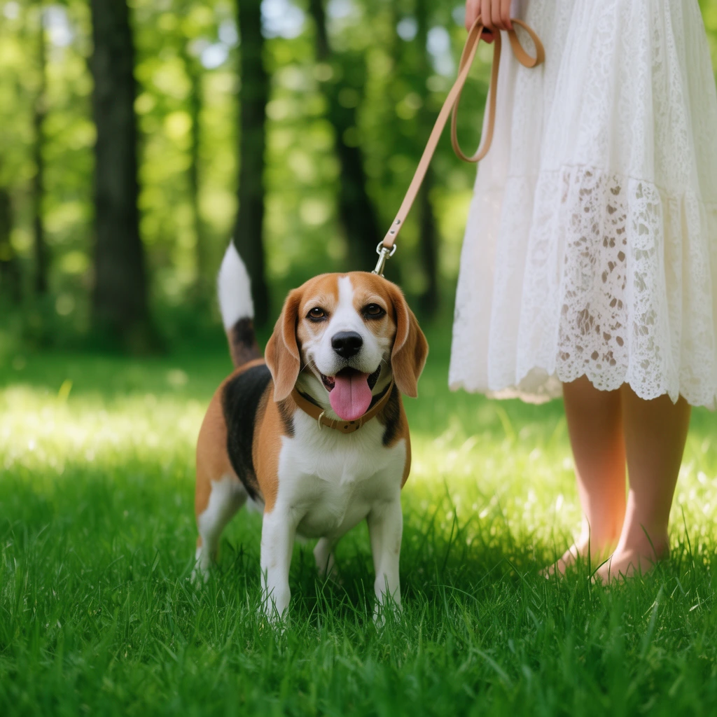 Panting beagle on vivid green grass, tan leash held by barefoot person in white lace dress, blurred sunlit forest background, shallow depth of field