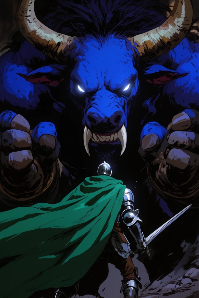 A knight in a flowing emerald cape faces a gargantuan sapphire-blue minotaur. The colossal beast features glowing white eyes, steel fangs, and massive raised gauntlets. High-contrast 2D animation style with heavy black inking, vivid colors, and extreme low-angle perspective emphasizing the massive scale difference against a dark background.