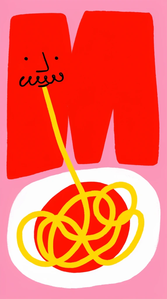 A playful illustration on a flat pink background featuring massive, chunky red geometric shapes across the top. A minimalist face with a squiggly mustache is drawn in black ink on one red shape, slurping a thick yellow noodle. This continuous yellow line trails downward to form a tangled nest atop a solid red circle, all resting inside an irregular white oval plate. The naive art style uses bold, high-contrast flat colors and slightly textured edges for a whimsical, graphic composition.
