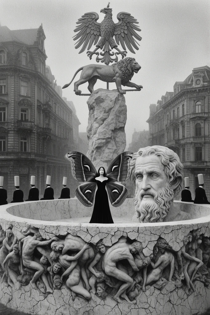 A surreal monumental installation dominates a city square in a grainy black-and-white photograph. A large circular basin features exterior walls bursting with sculpted human figures writhing through cracked stone. Inside the basin stands a woman in a dark gown sporting enormous moth wings. To her right rests a colossal sculpted head of a bearded classical philosopher. Behind them, a towering rocky pillar supports a horizontally suspended lion sculpture, crowned by a massive eagle emblem. Figures wearing tall cylindrical hats sit along the basin's rim, silhouetted against ornate multi-story European buildings in the atmospheric background.
