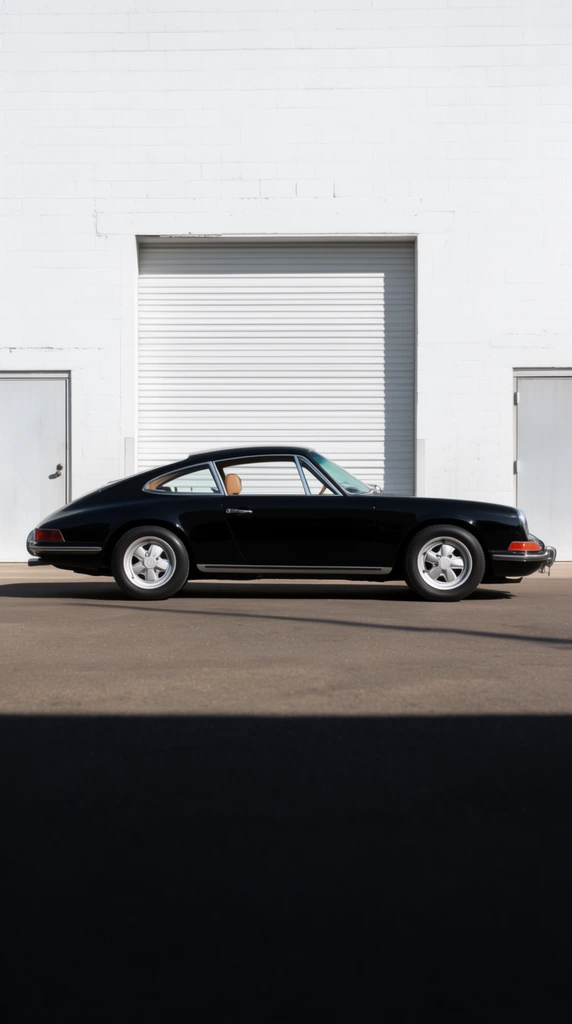 classic glossy black sports coupe in sharp profile view, sleek fastback silhouette, silver alloy wheels, chrome window trim, warm tan interior visible through clear glass, parked on flat asphalt, prominent dark horizontal shadow slicing across the deep foreground, bright white painted cinderblock wall backdrop, central corrugated garage door flanked by standard flat metal doors, minimalist geometric composition, harsh midday sunlight, high contrast architectural framing