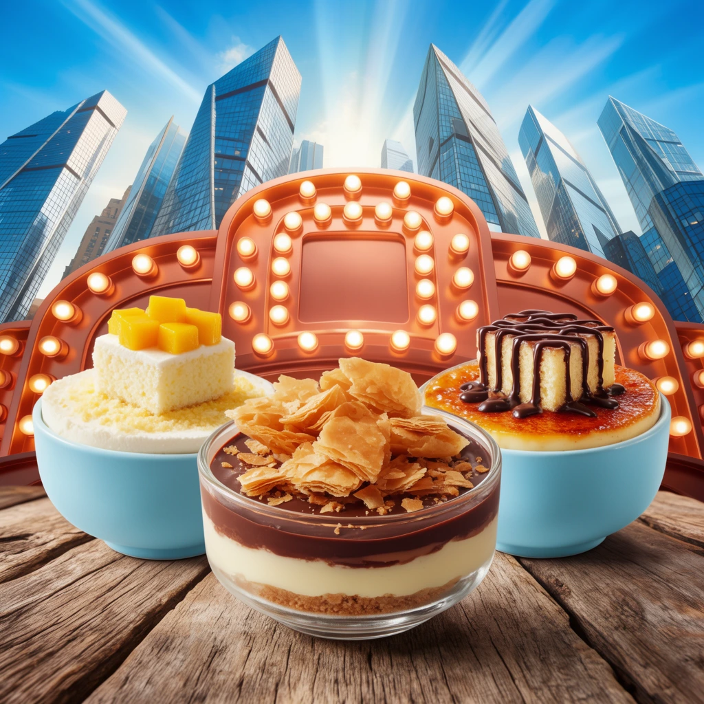 Three rich layered desserts in bowls rest on a weathered wooden table against a vibrant city skyline. The foreground glass bowl shows layers of crumb, cream, and chocolate topped with flaky pastry. Flanking it are two light blue bowls: one topped with white cake and mango cubes, the other featuring a caramelized surface, cake, and chocolate drizzle. Behind them stands a large, copper-toned marquee structure glowing with warm round bulbs. Sleek, angular glass skyscrapers rise into a bright blue sky with radiant sunbeams, captured in hyper-realistic, highly saturated commercial photography.