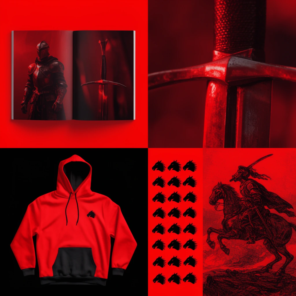A stark red and black geometric collage featuring high-contrast duotone elements. An open booklet showing an armored figure rests above a vibrant red hoodie with black accents framed against a dark background. Beside this, a macro photograph highlights a metallic sword crossguard bathed in intense crimson light. A neat grid of repeating black equine head silhouettes aligns next to a heavily textured etching of a horseback warrior. The layout blends brutalist editorial composition, apparel mockups, and stylized illustration.