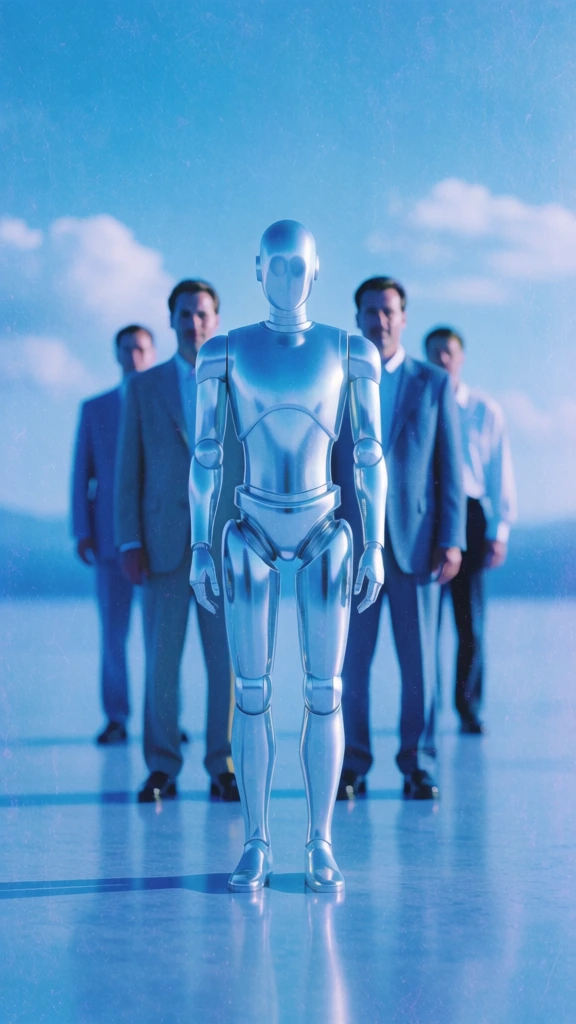 humanoid robot stands centrally in the foreground, facing forward, four men partially visible in the soft-focus background flanking the robot, monochromatic cerulean and sky blue color palette, y2k era cgi aesthetic, dreamcore atmosphere, grainy film texture, soft diffused high-key lighting, hazy horizon with distant cumulus clouds, matte and liquid textures, symmetrical composition, ethereal liminal space mood, low-contrast rendering, cool blue-tinted shadows.