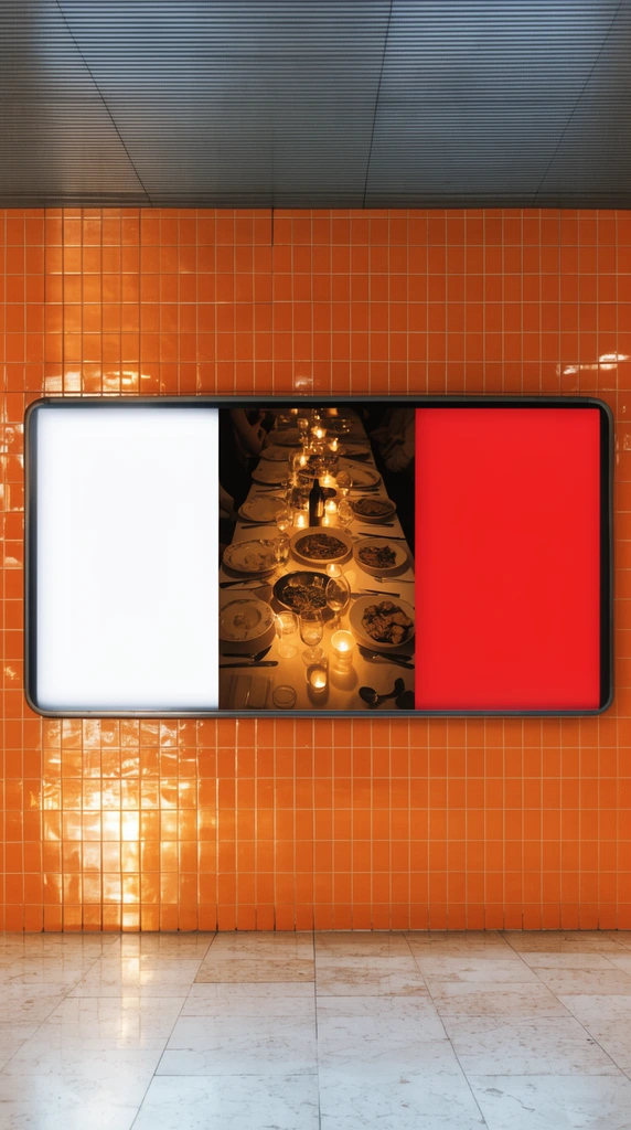A glowing three-panel billboard is mounted on a glossy orange tiled wall. The left panel is pure white, the center displays an overhead photo of a warmly lit dinner table, and the right panel is vibrant red. Bright reflections pool on the shiny tiles below, framed by a ribbed grey ceiling and pale stone floor.
