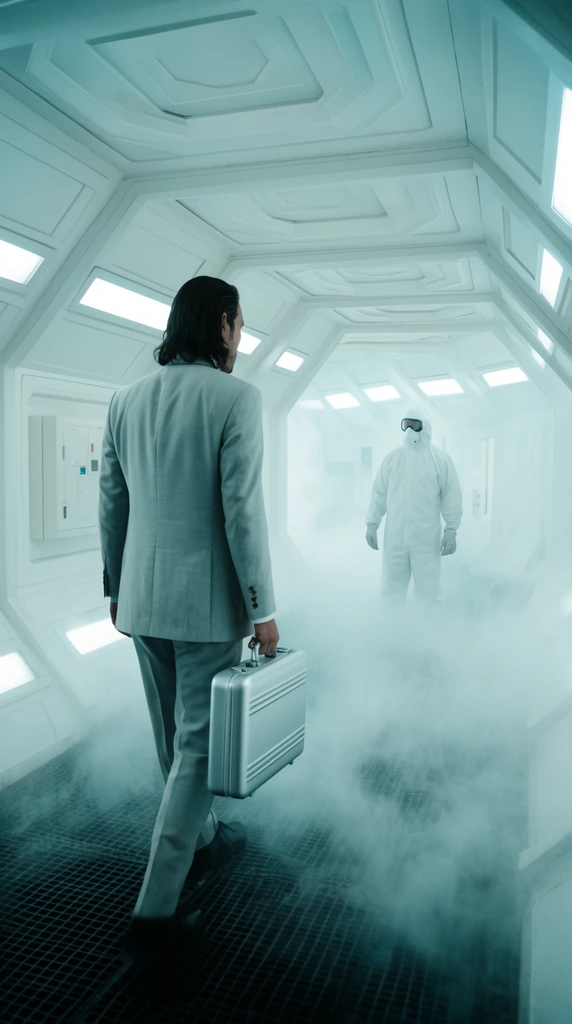 A man with shoulder-length dark hair in a light grey suit walks away down a sterile, geometric white corridor, carrying a silver briefcase. Thick white fog rolls across the dark grated floor. Ahead in the mist, a figure in a full white hazmat suit stands waiting. The futuristic scene is captured from a low angle with cool, cyan-tinted cinematic lighting and a wide framing that emphasizes the hexagonal paneled architecture and clinical atmosphere.