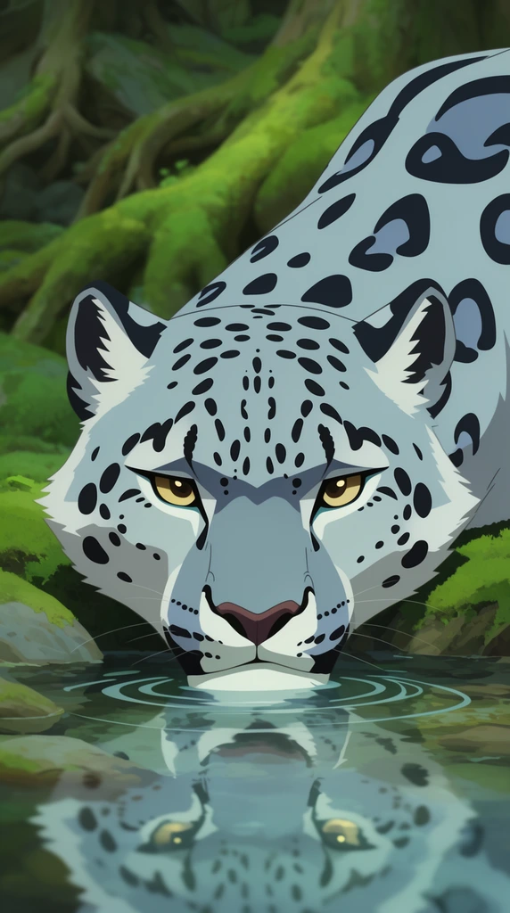 massive stylized snow leopard, pale blue fur with dark crescent spots, heavy head resting in a shallow clear stream, piercing gold eyes, concentric water ripples, vibrant green moss and ancient roots in the blurred background, 2D animation art style, flat cel shading, low camera angle, soft ambient lighting, crisp reflection