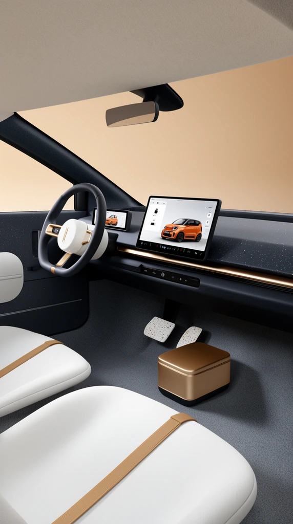 minimalist car interior driver perspective, dark charcoal dashboard with horizontal gold trim and speckled surface, flat-bottomed steering wheel with white center and gold accents, large digital display showing an orange compact car, modern white seats with tan straps, white and gold storage box on the floor, speckled foot pedals, solid warm beige background through the windshield, soft diffused studio lighting, clean geometric automotive design
