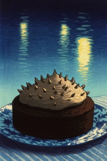 Nocturnal Woodblock Noir style reference image — serene twilight landscape